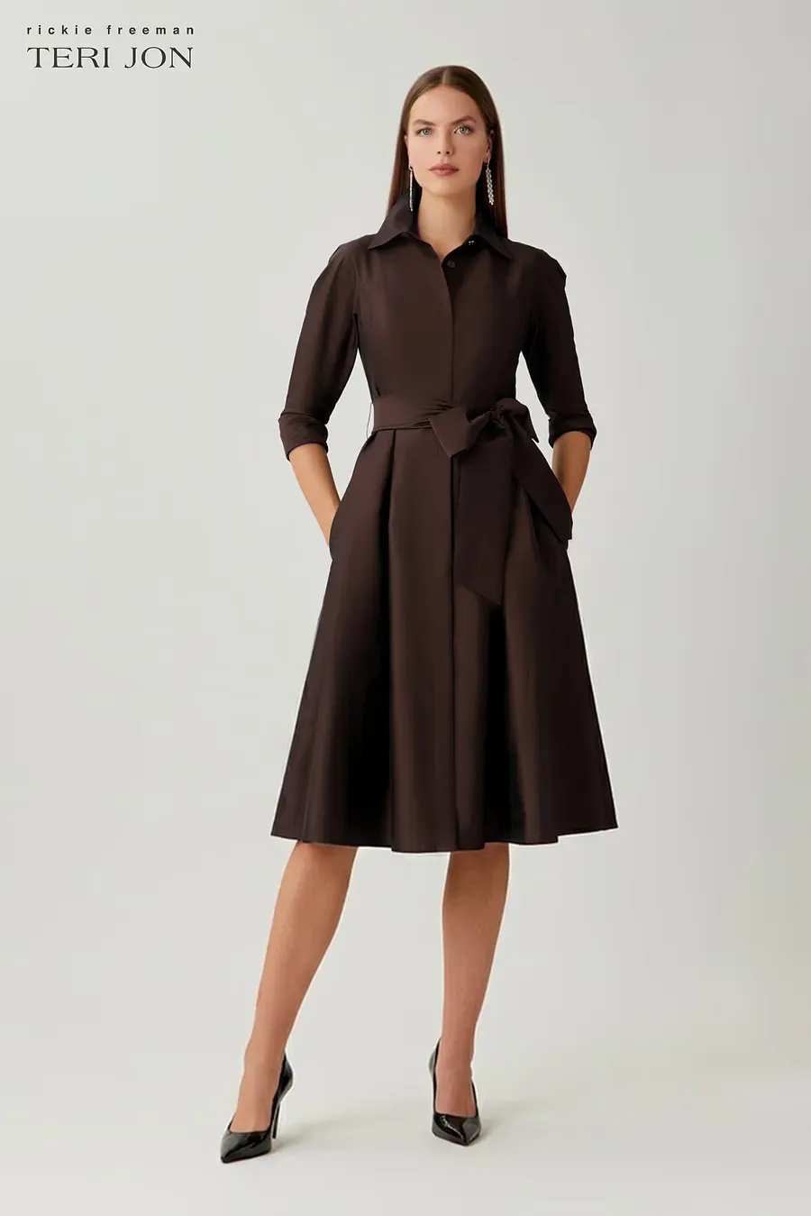 3/4 SLEEVE BELTED TAFFETA SHIRT DRESS 69224