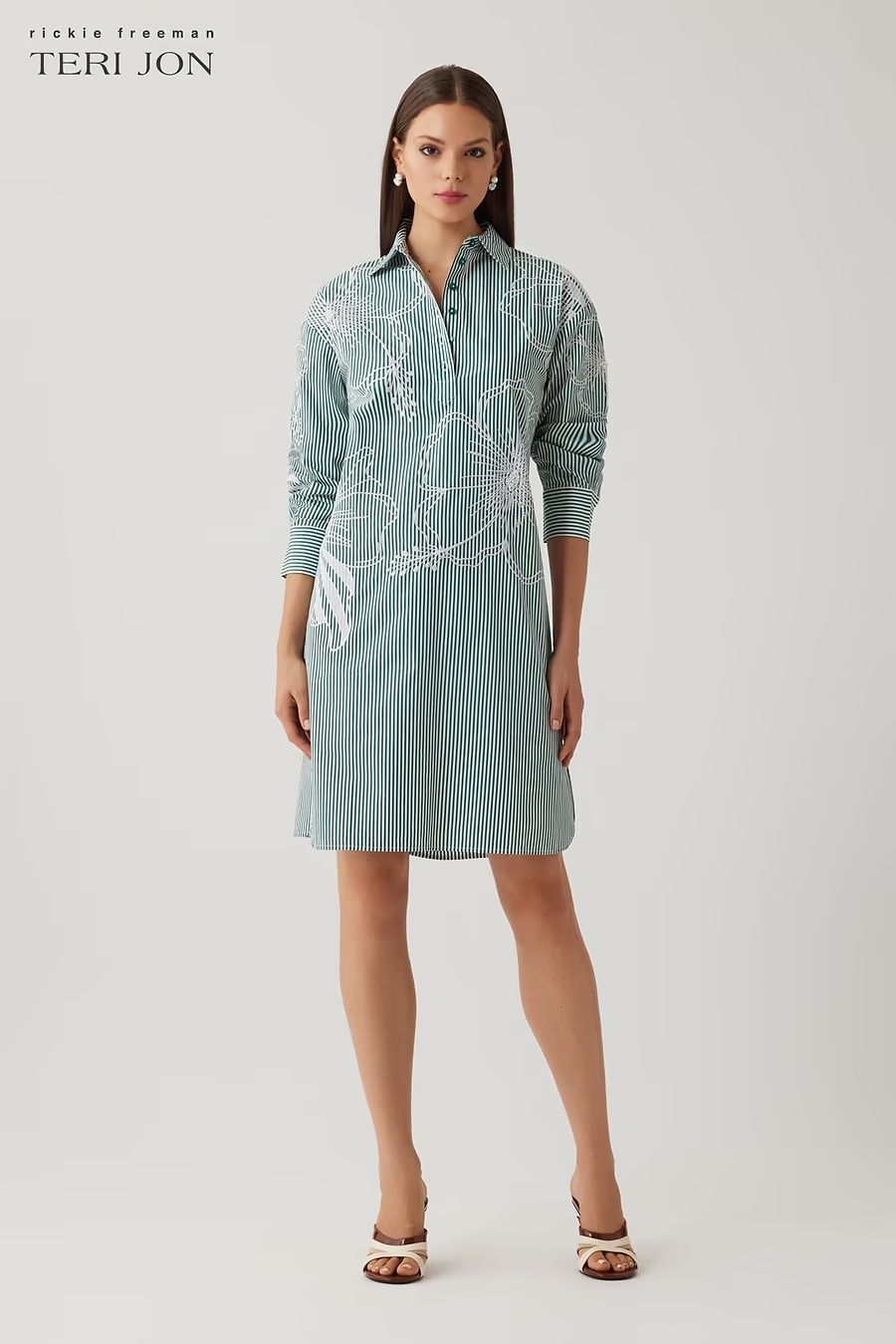 COTTON STRIPE EMBROIDERED TUNIC SHIRT DRESS 26917