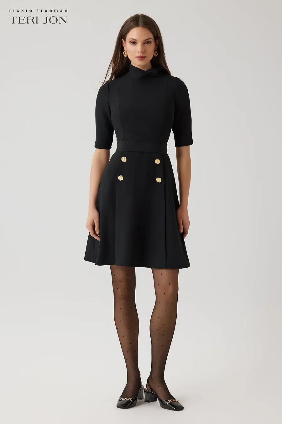 CREPE FIT AND FLARE TIE NECK DRESS WITH BUTTONS 25312