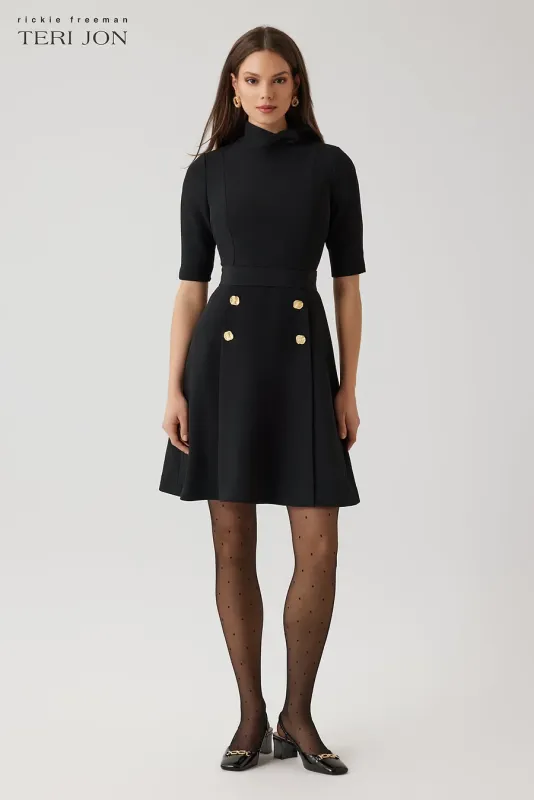 CREPE FIT AND FLARE TIE NECK DRESS WITH BUTTONS 25312