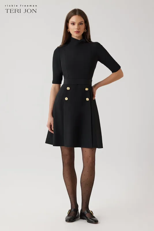 CREPE FIT AND FLARE TIE NECK DRESS WITH BUTTONS 25312