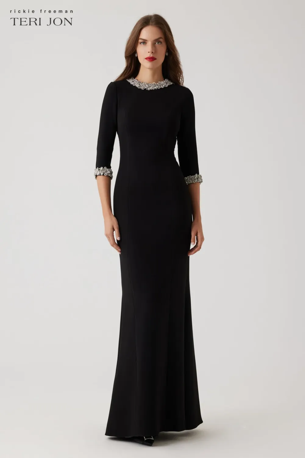 CREPE ELBOW SLEEVE JEWEL TRIM GOWN