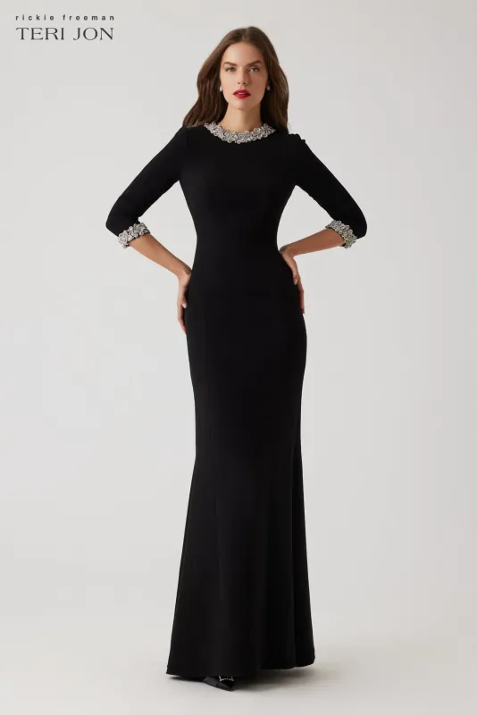 CREPE ELBOW SLEEVE JEWEL TRIM GOWN