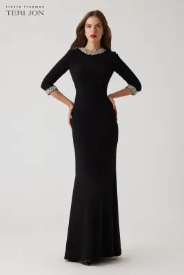 CREPE ELBOW SLEEVE JEWEL TRIM GOWN