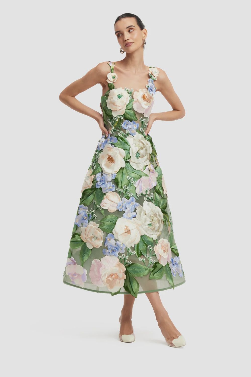 BEATRICE FLORAL HAND-EMBROIDERED MIDI DRESS