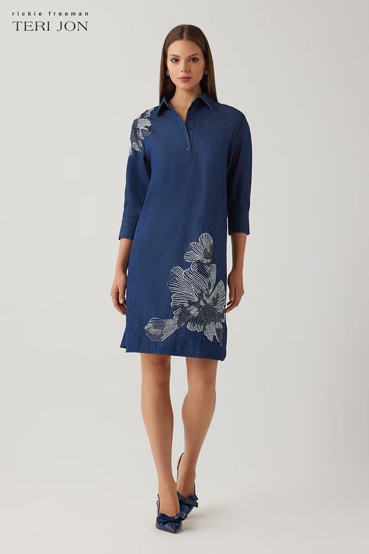 DENIM SHIRT COLLAR TUNIC BEADED TRIM DRESS 26926