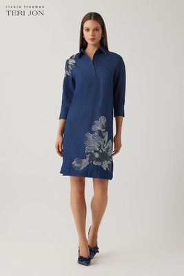 DENIM SHIRT COLLAR TUNIC BEADED TRIM DRESS 26926