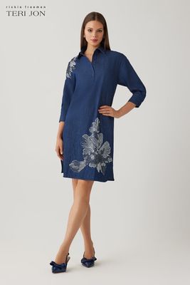 DENIM SHIRT COLLAR TUNIC BEADED TRIM DRESS 26926