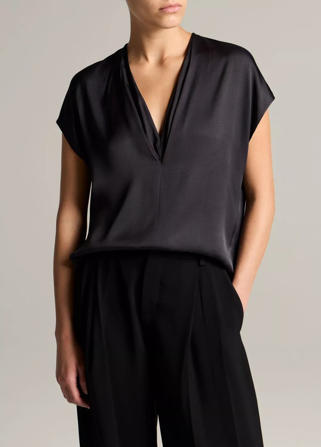 SILK-BLEND DOUBLE V-NECK SHELL, Color: 406INK/INK, Size: XS