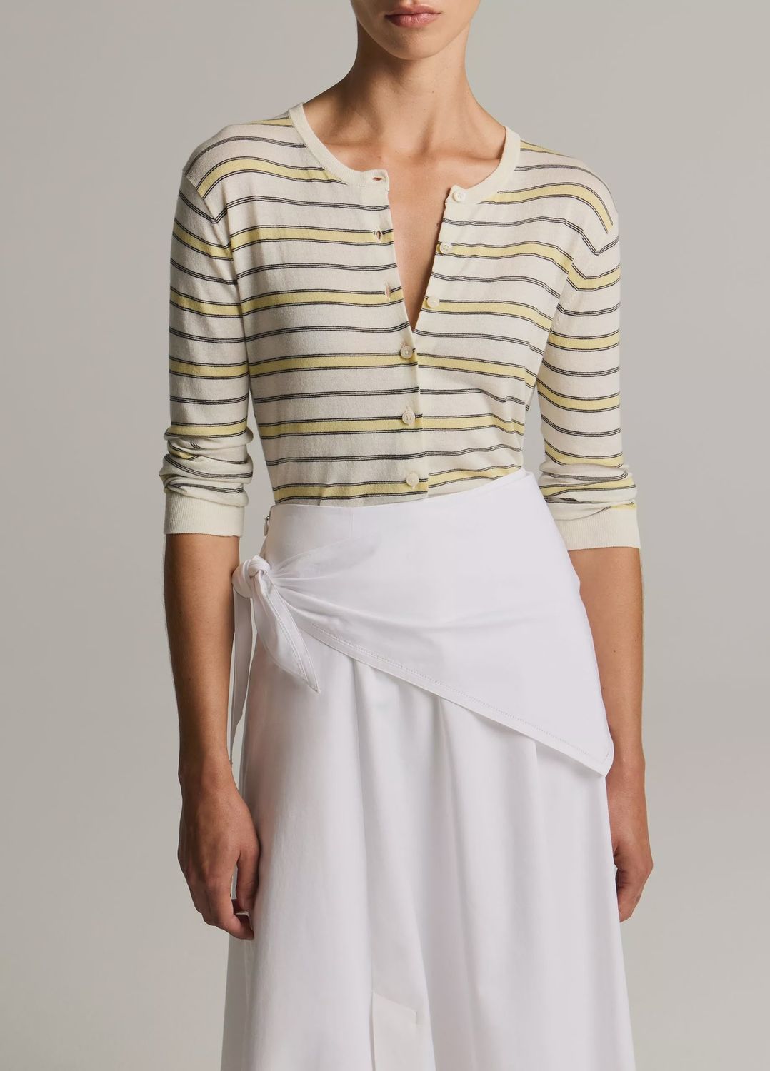 STRIPED ITALIAN COTTON-CASHMERE 3/4 SLEEVE CARDIGAN
