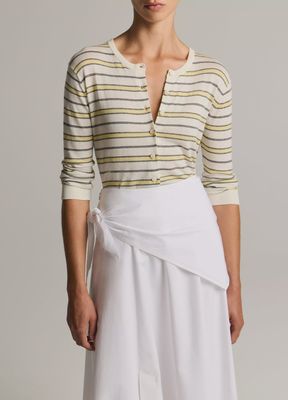 STRIPED ITALIAN COTTON-CASHMERE 3/4 SLEEVE CARDIGAN