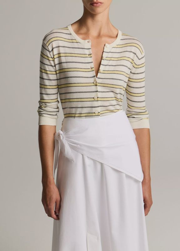 STRIPED ITALIAN COTTON-CASHMERE 3/4 SLEEVE CARDIGAN