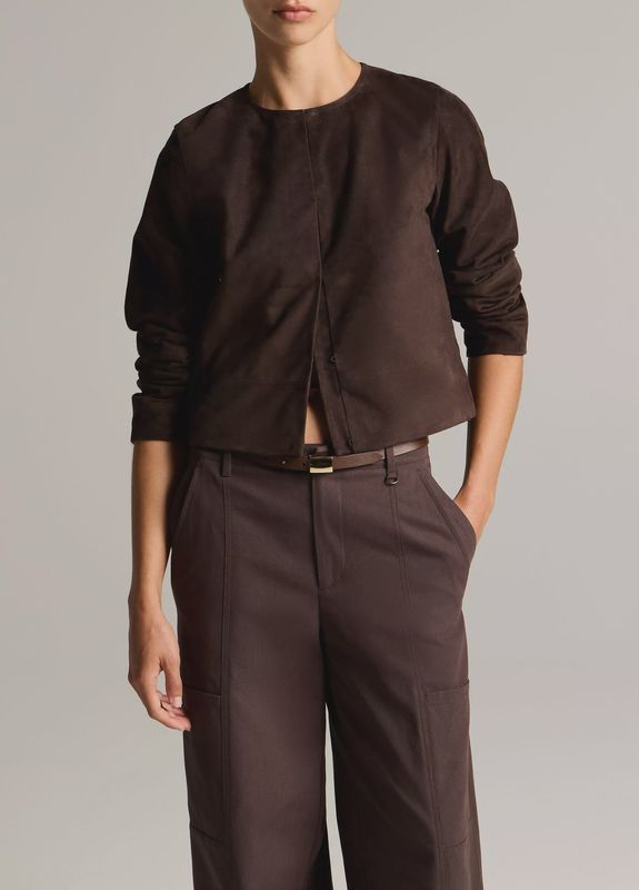 COLLARLESS CROPPED SUEDE JACKET