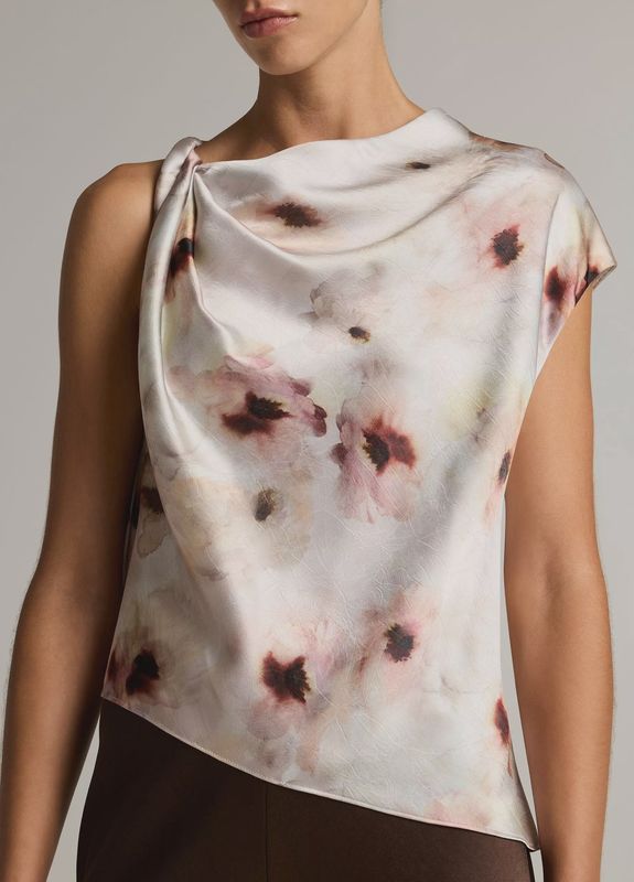 WATERCOLOR FLORAL SATIN TWIST-SHOULDER TOP
