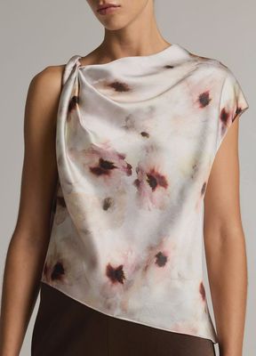 WATERCOLOR FLORAL SATIN TWIST-SHOULDER TOP