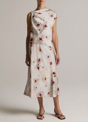 WATERCOLOR FLORAL SATIN TWIST-SHOULDER TOP
