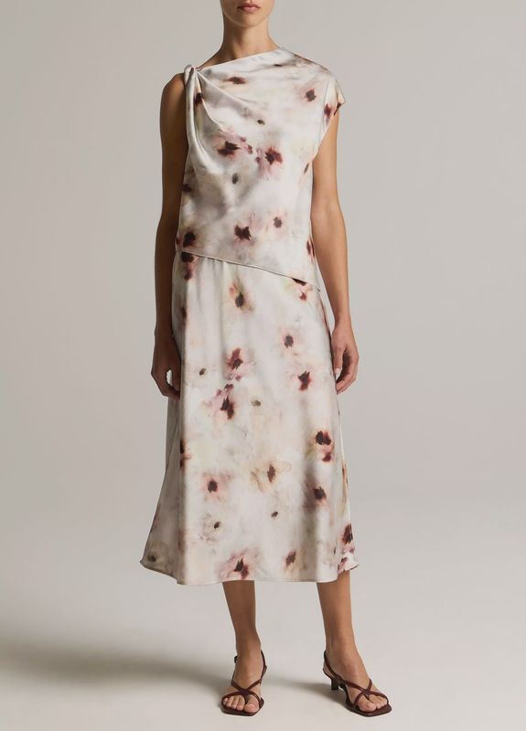 WATERCOLOR FLORAL SATIN TWIST-SHOULDER TOP