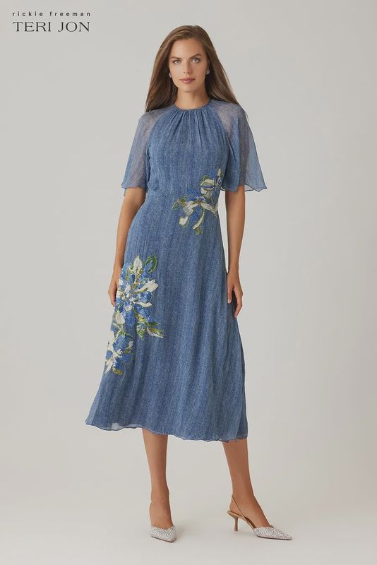 CHIFFON FLUTTER SLEEVE SEQUIN FLOWER MOTIF DRESS 269211
