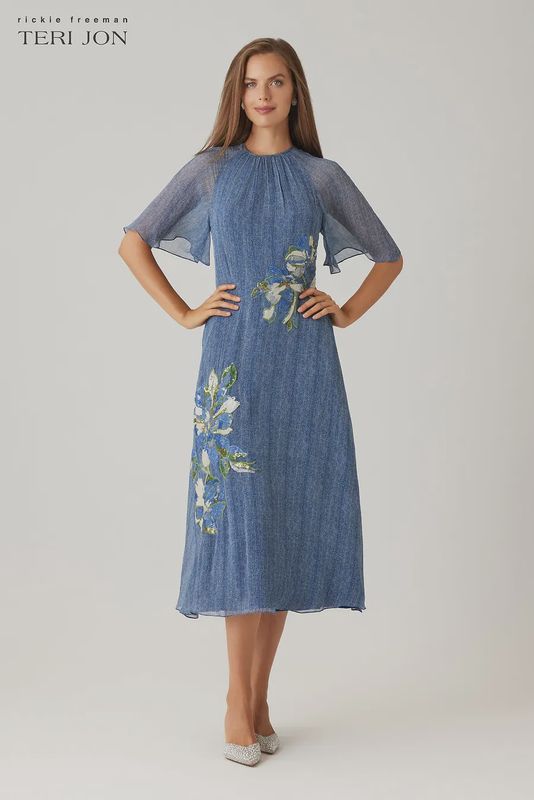 CHIFFON FLUTTER SLEEVE SEQUIN FLOWER MOTIF DRESS 269211