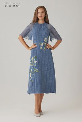 CHIFFON FLUTTER SLEEVE SEQUIN FLOWER MOTIF DRESS 269211