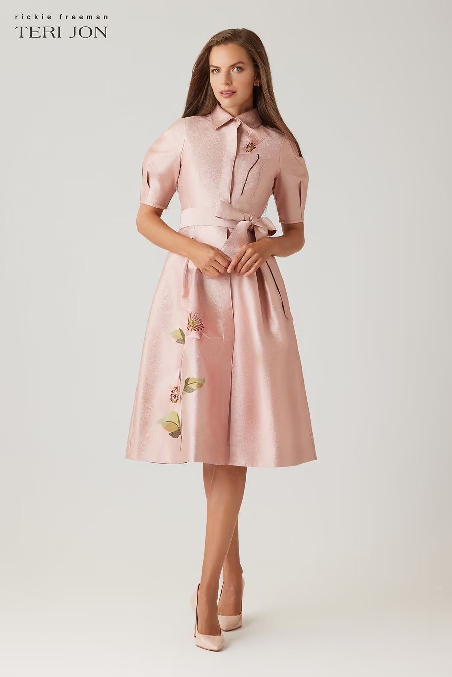 SHIMMER JACQUARD EMBROIDERED FLOWER SHIRT DRESS 266209