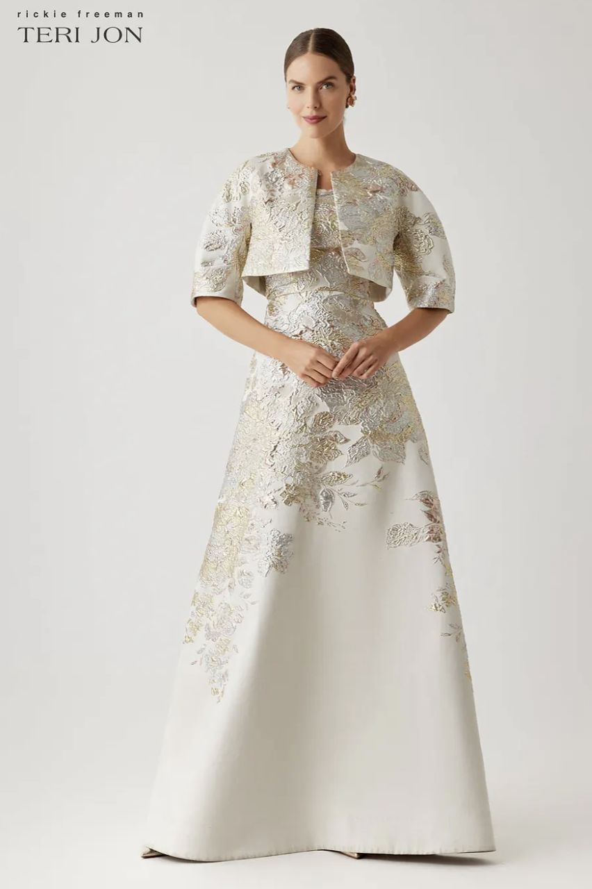 METALLIC JACQUARD A LINE SKIRT GOWN + METALLIC JACQUARD BOLERO 267009JD