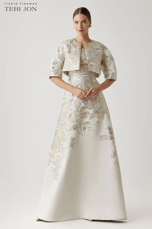 METALLIC JACQUARD A LINE SKIRT GOWN + METALLIC JACQUARD BOLERO 267009JD