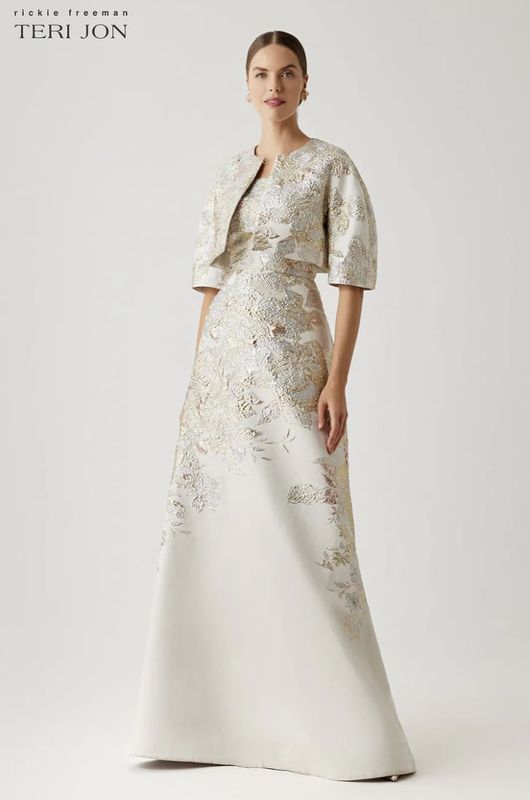 METALLIC JACQUARD A LINE SKIRT GOWN + METALLIC JACQUARD BOLERO 267009JD