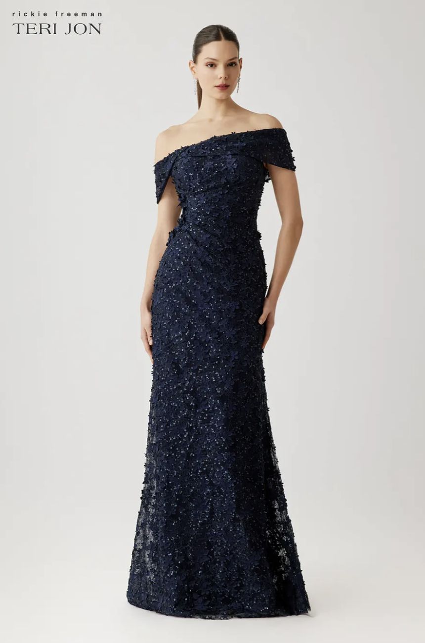 3D LACE ASYMMETRIC OFF THE SHOULDER CUFF GOWN 267015