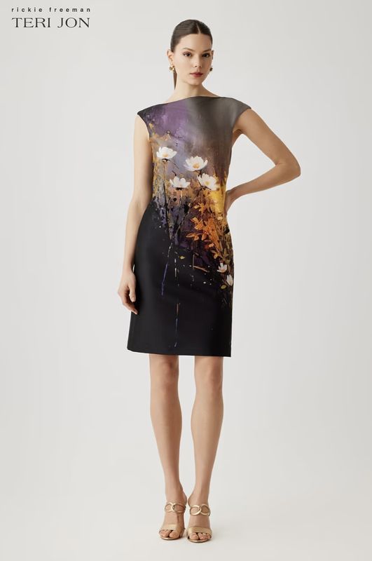 MIKADO CAP SLEEVE WILD FLOWER PRINT SHIFT DRESS 267215