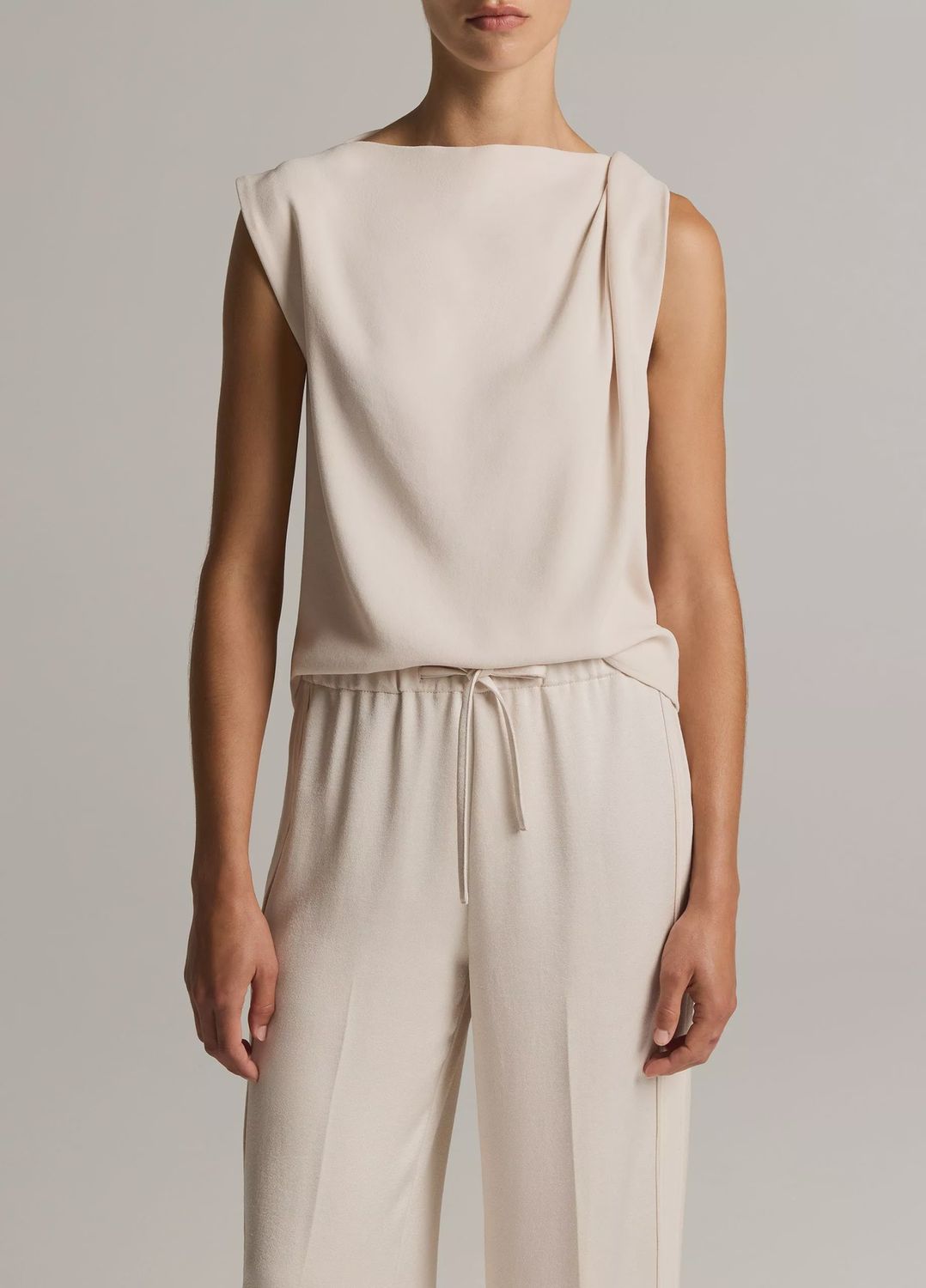 CREPE DRAPED-SHOULDER SLEEVELESS TOP