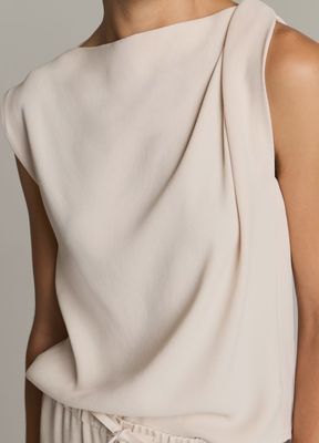 CREPE DRAPED-SHOULDER SLEEVELESS TOP