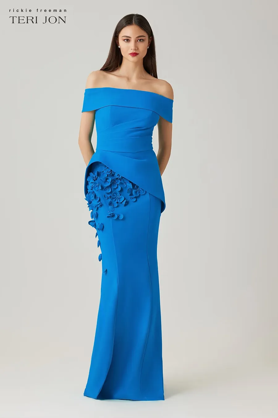 SCUBA OFF THE SHOULDER CUFF PEPLUM GOWN WITH 3D FLORAL TRIM 266041