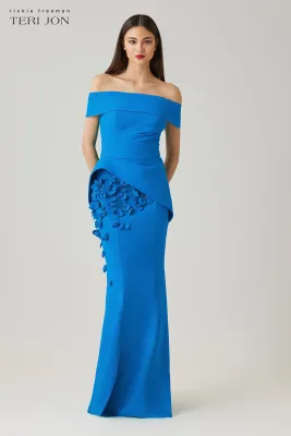 SCUBA OFF THE SHOULDER CUFF PEPLUM GOWN WITH 3D FLORAL TRIM 266041
