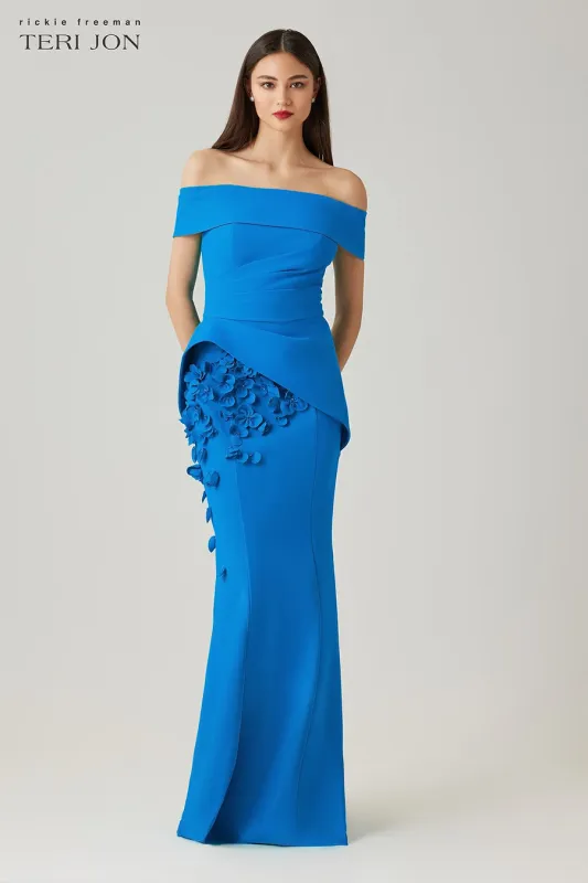 SCUBA OFF THE SHOULDER CUFF PEPLUM GOWN WITH 3D FLORAL TRIM 266041
