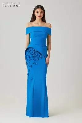 SCUBA OFF THE SHOULDER CUFF PEPLUM GOWN WITH 3D FLORAL TRIM 266041