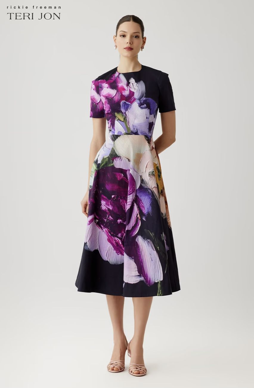 COTTON PRINT SHORT JEWEL NECK FIT AND FLARE DRESS 26304