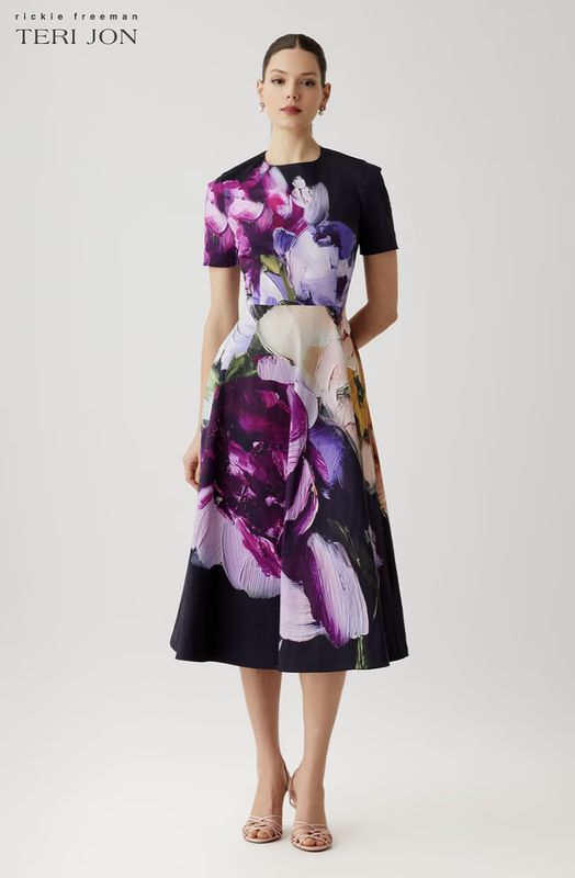 COTTON PRINT SHORT JEWEL NECK FIT AND FLARE DRESS 26304