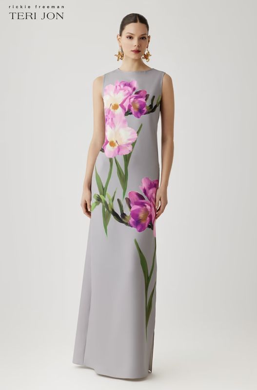 SCUBA SLEEVELESS SHIFT GOWN WITH DIGITAL FLOWER PRINT 267021