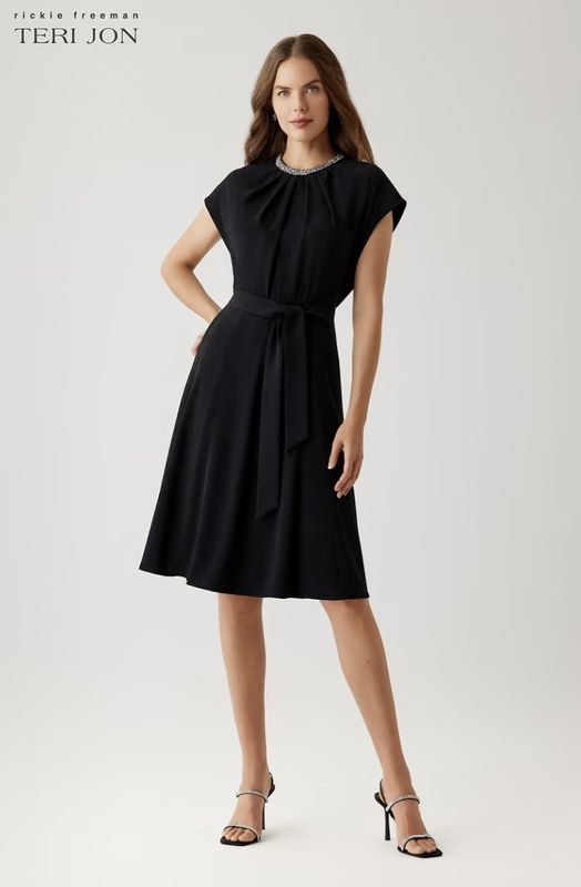 CREPE NECKLACE TRIM CAPELET SLEEVE DRAPE ALINE DRESS 267203