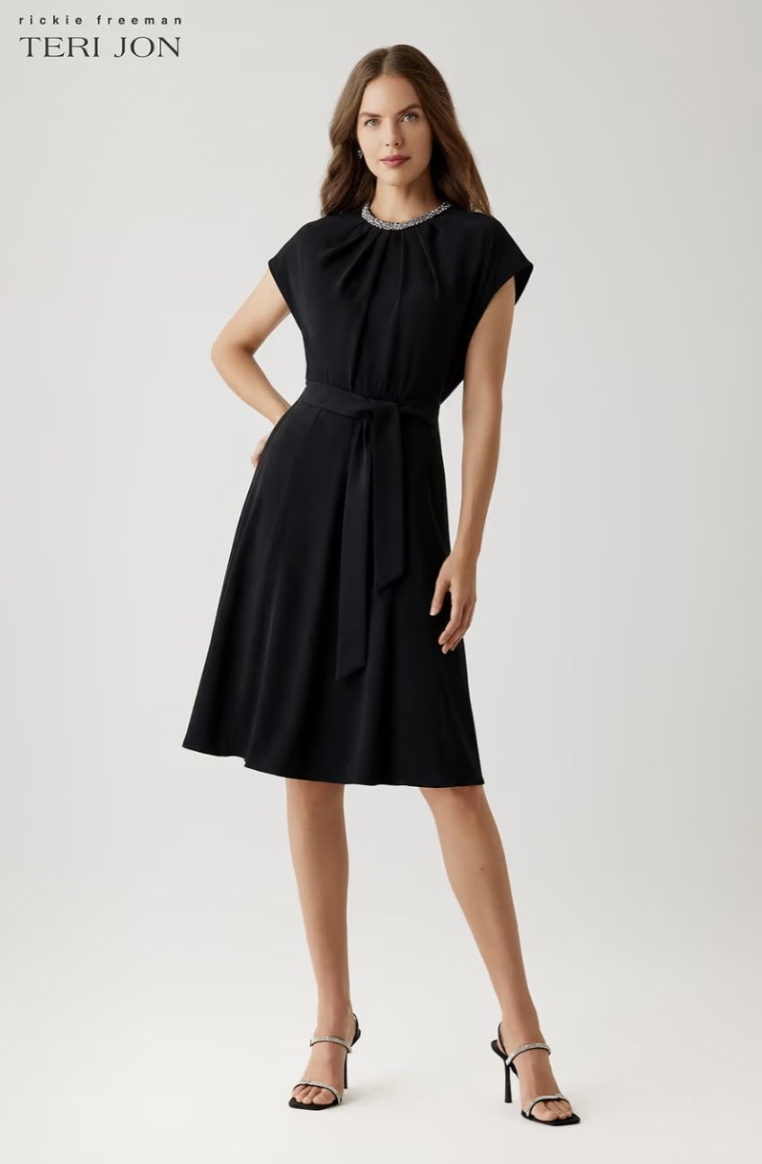 CREPE NECKLACE TRIM CAPELET SLEEVE DRAPE ALINE DRESS 267203