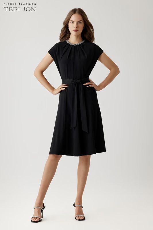CREPE NECKLACE TRIM CAPELET SLEEVE DRAPE ALINE DRESS 267203