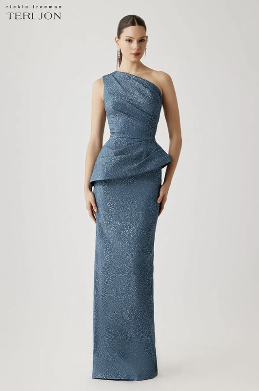 METALLIC JACQUARD ONE SHOULDER SIDE DRAPE PEPLUM GOWN 267002