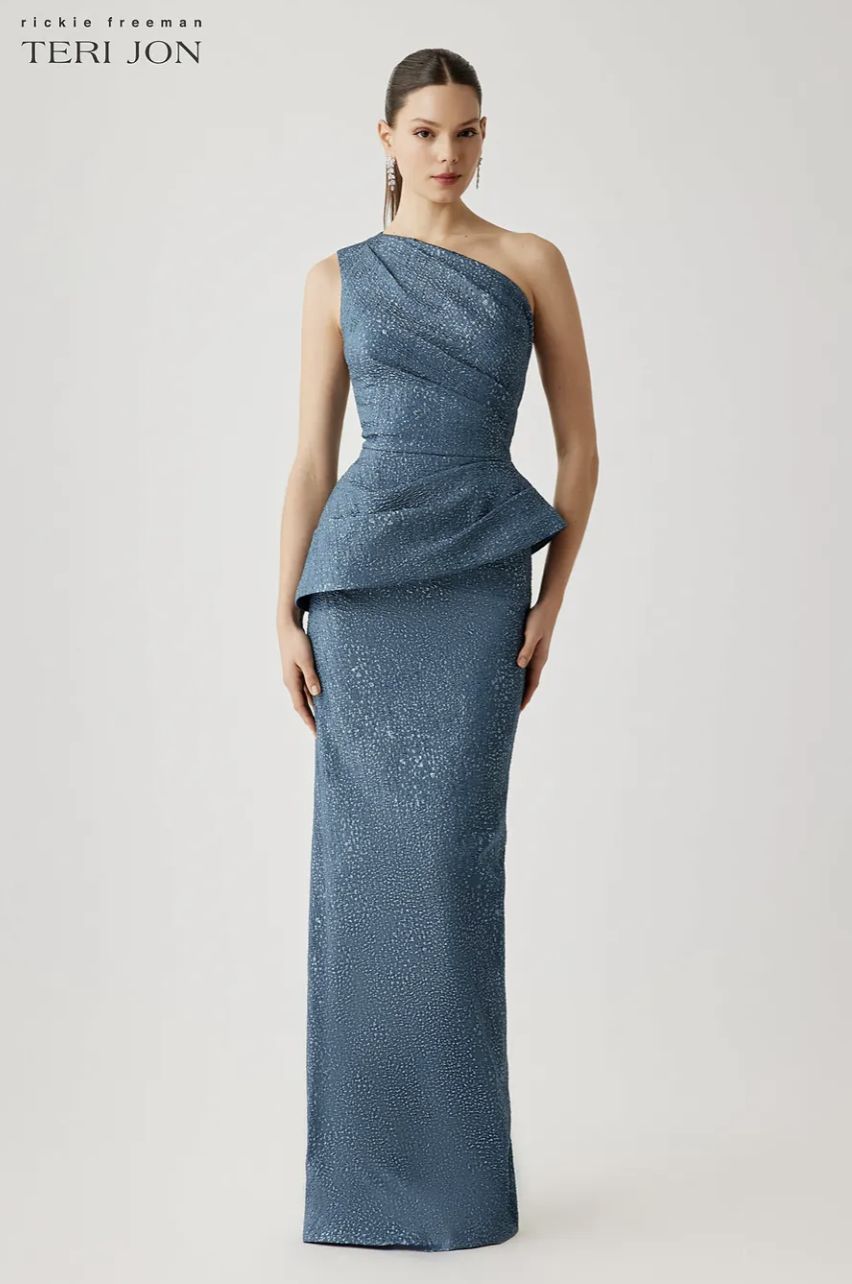 METALLIC JACQUARD ONE SHOULDER SIDE DRAPE PEPLUM GOWN 267002