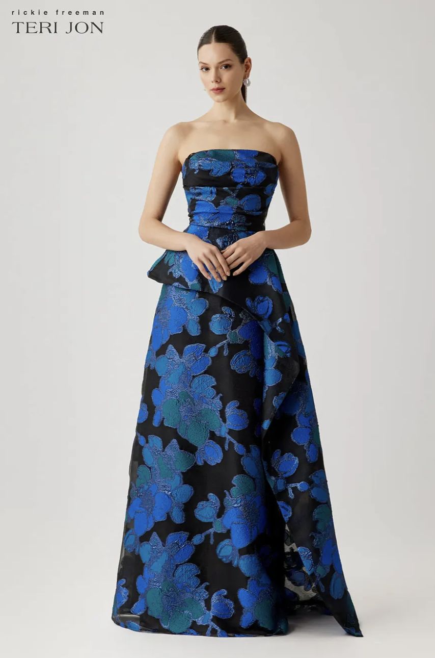STRAPLESS ORGANZA JACQUARD DRAPED BODICE PEPLUM GOWN 267006