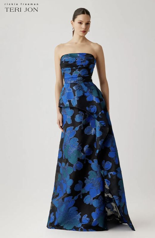 STRAPLESS ORGANZA JACQUARD DRAPED BODICE PEPLUM GOWN 267006