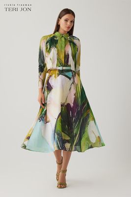 COTTON ABSTRACT PRINT SLEEVELESS SHIRTWAIST DRESS 26935