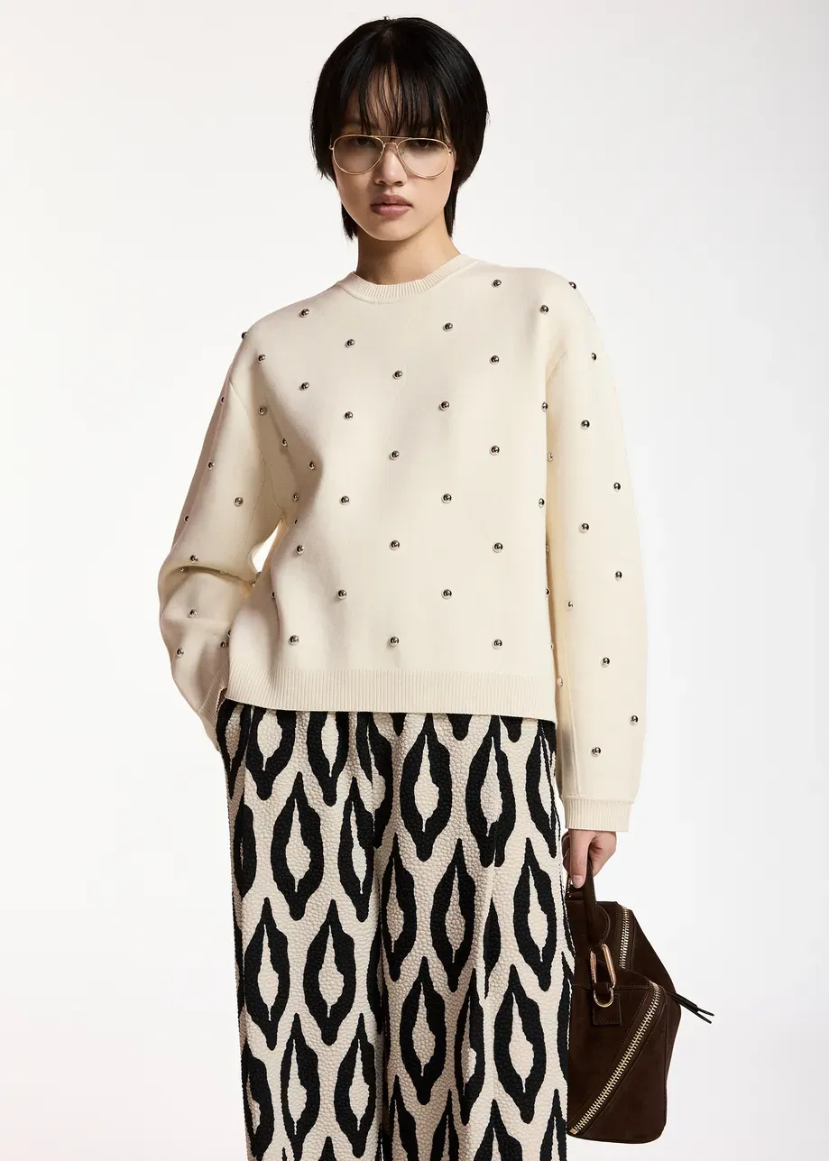 KLOU PULLOVER WITH STUDS, Color: MUSHROOM MOOD/CREME, Size: S