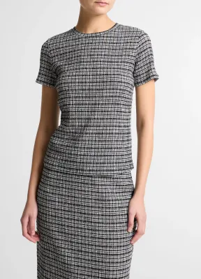 PLAID GRID-KNIT SHORT-SLEEVE CREW NECK TOP