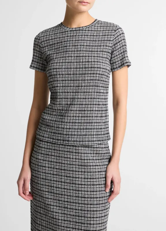 PLAID GRID-KNIT SHORT-SLEEVE CREW NECK TOP